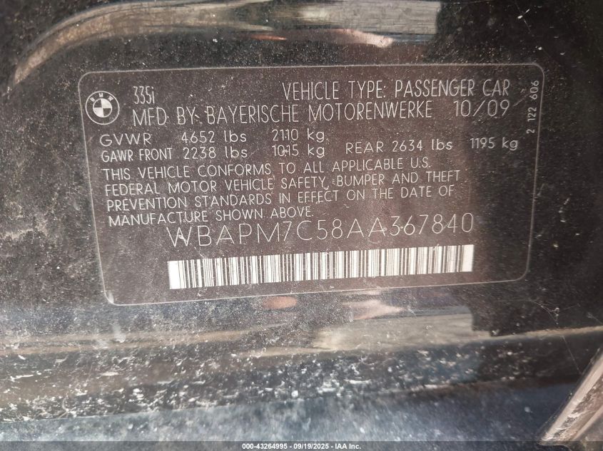 2010 BMW 335I VIN: WBAPM7C58AA367840 Lot: 43264995