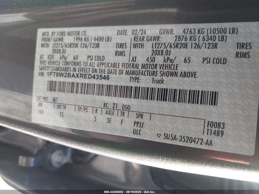 2024 Ford Super Duty F-250 Srw Xl VIN: 1FT8W2BAXRED43546 Lot: 43265002