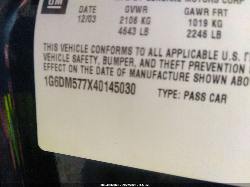 2004 Cadillac Cts Standard VIN: 1G6DM577X40145030 Lot: 43265040