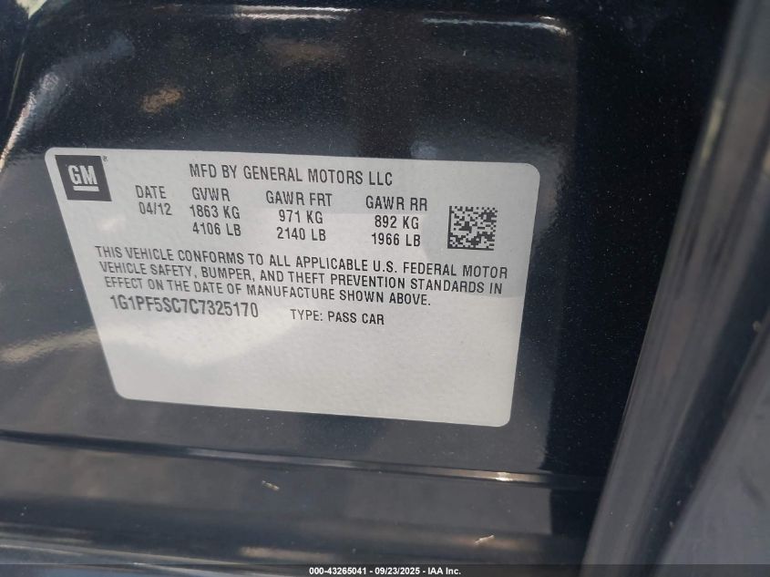 2012 Chevrolet Cruze 1Lt VIN: 1G1PF5SC7C7325170 Lot: 43265041