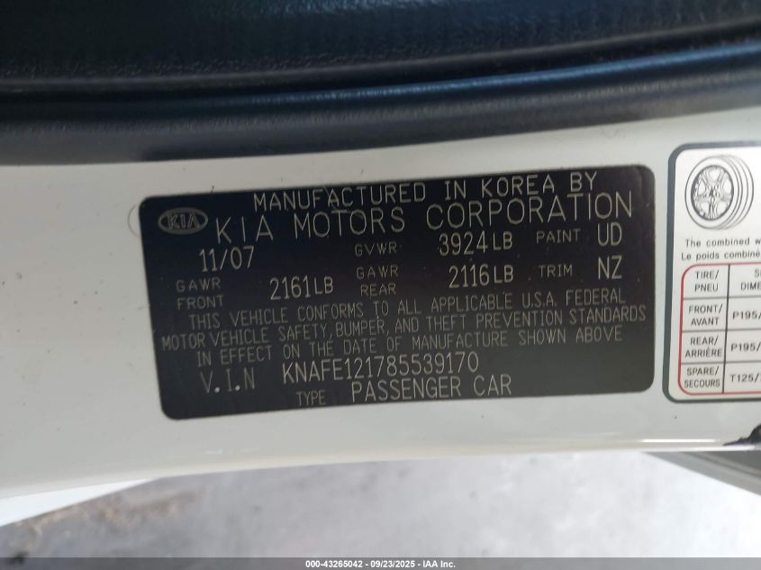 2008 Kia Spectra Ex VIN: KNAFE121785539170 Lot: 43265042