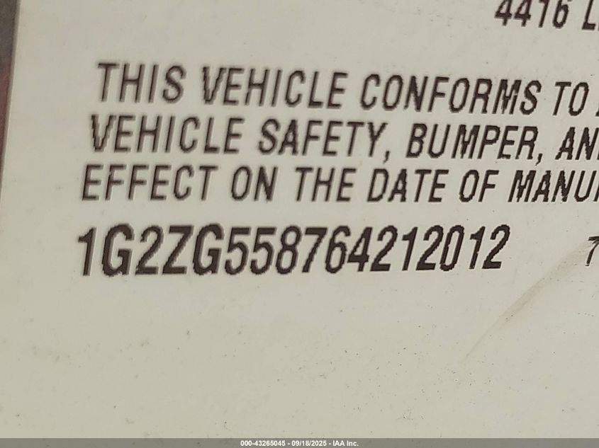 2006 Pontiac G6 VIN: 1G2ZG558764212012 Lot: 43265045