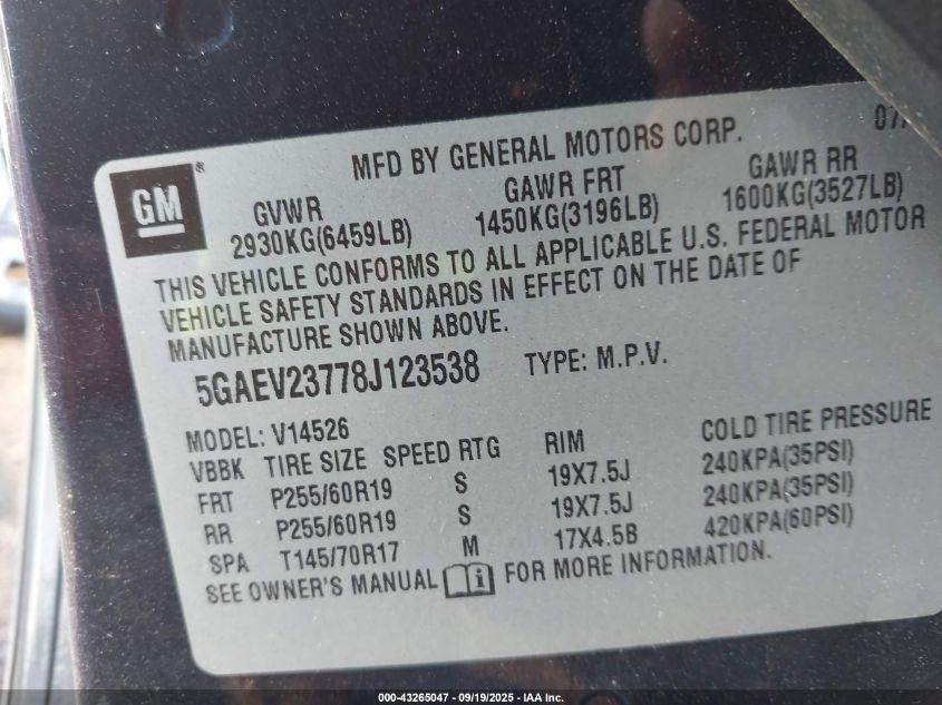 2008 Buick Enclave Cxl VIN: 5GAEV23778J123538 Lot: 43265047