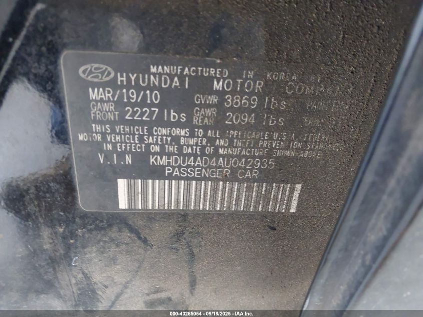 2010 Hyundai Elantra Gls VIN: KMHDU4AD4AU042935 Lot: 43265054