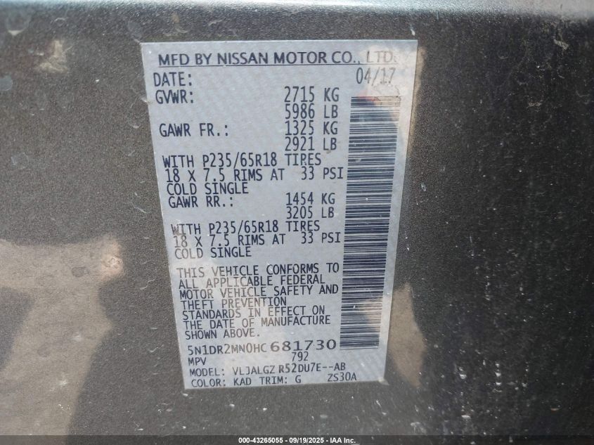 2017 Nissan Pathfinder Sl VIN: 5N1DR2MN0HC681730 Lot: 43265055