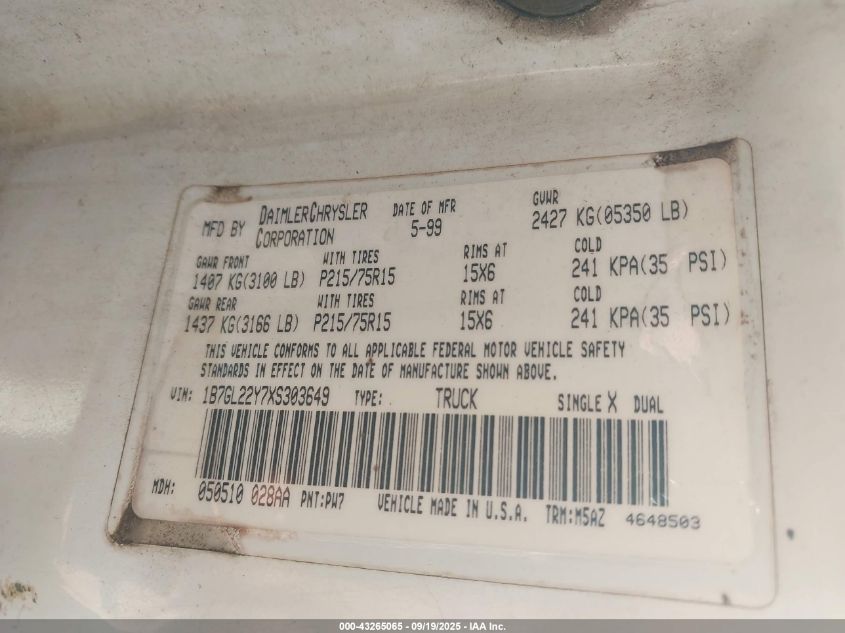 1999 Dodge Dakota Slt/Sport VIN: 1B7GL22Y7XS303649 Lot: 43265065