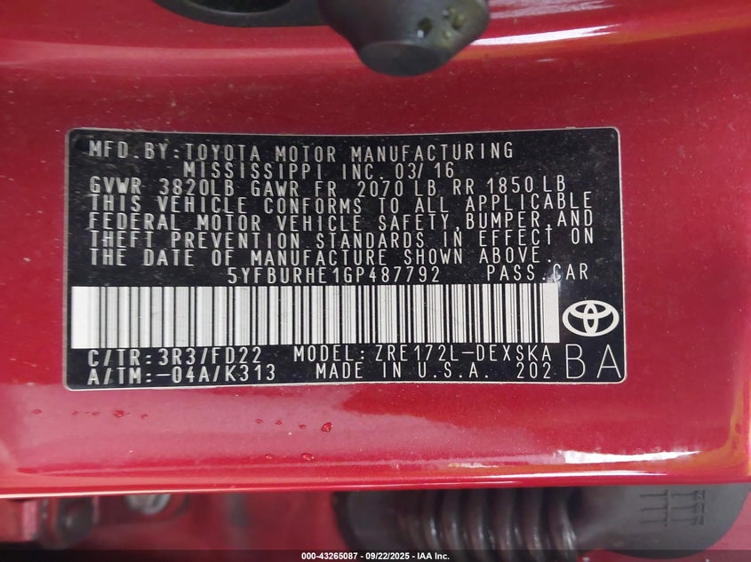 2016 Toyota Corolla S Plus VIN: 5YFBURHE1GP487792 Lot: 43265087