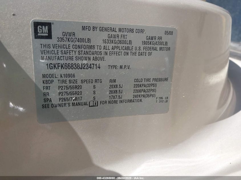 2008 GMC Yukon Xl 1500 Denali VIN: 1GKFK66838J234714 Lot: 43265088