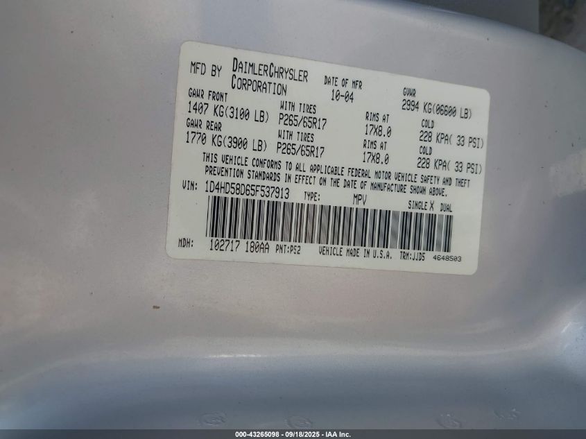 2005 Dodge Durango Limited VIN: 1D4HD58D65F537913 Lot: 43265098