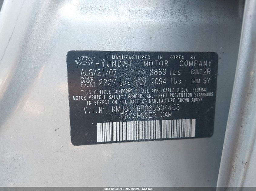 2008 Hyundai Elantra Gls/Se VIN: KMHDU46D38U304463 Lot: 43265099