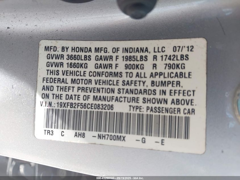 2012 Honda Civic Lx VIN: 19XFB2F56CE083206 Lot: 43265103