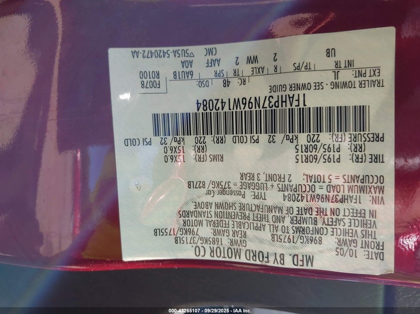 2006 Ford Focus Zx5 VIN: 1FAHP37N96W142084 Lot: 43265107