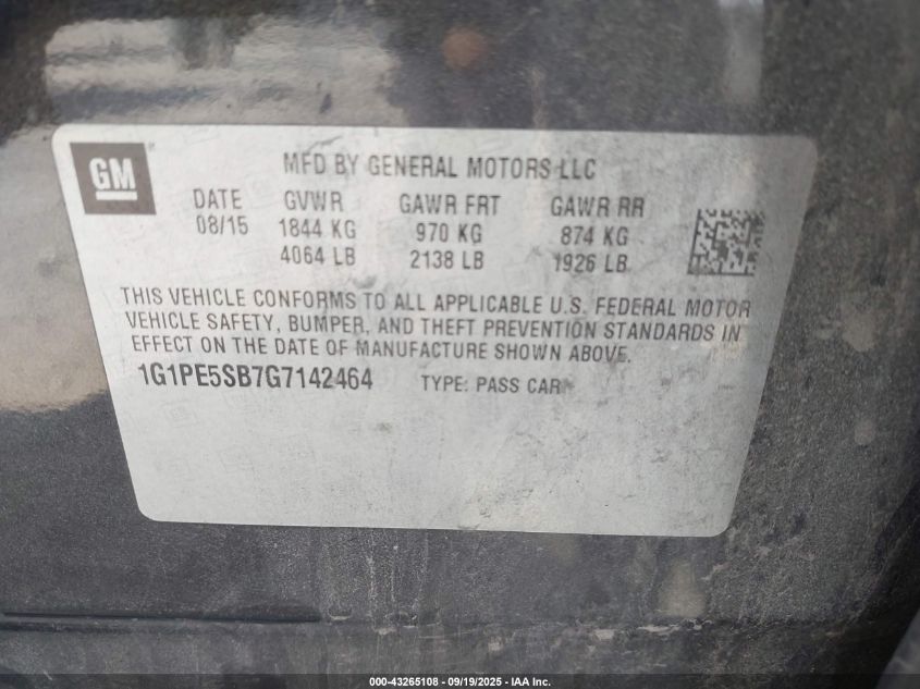 2016 Chevrolet Cruze Limited 1Lt Auto VIN: 1G1PE5SB7G7142464 Lot: 43265108