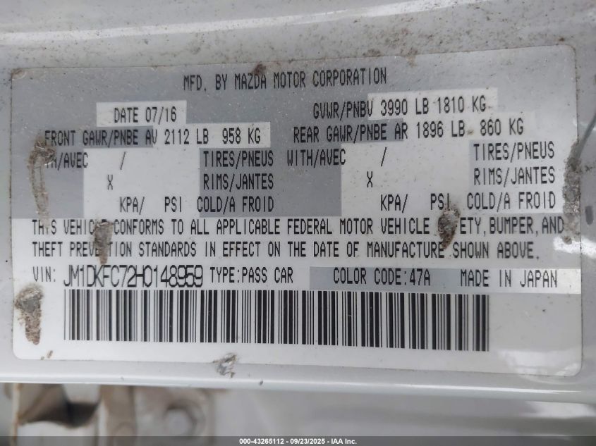 2017 Mazda Cx-3 Touring VIN: JM1DKFC72H0148959 Lot: 43265112