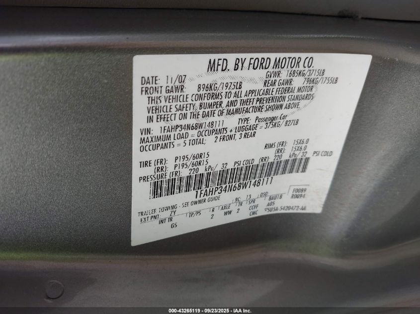 2008 Ford Focus S VIN: 1FAHP34N68W148111 Lot: 43265119