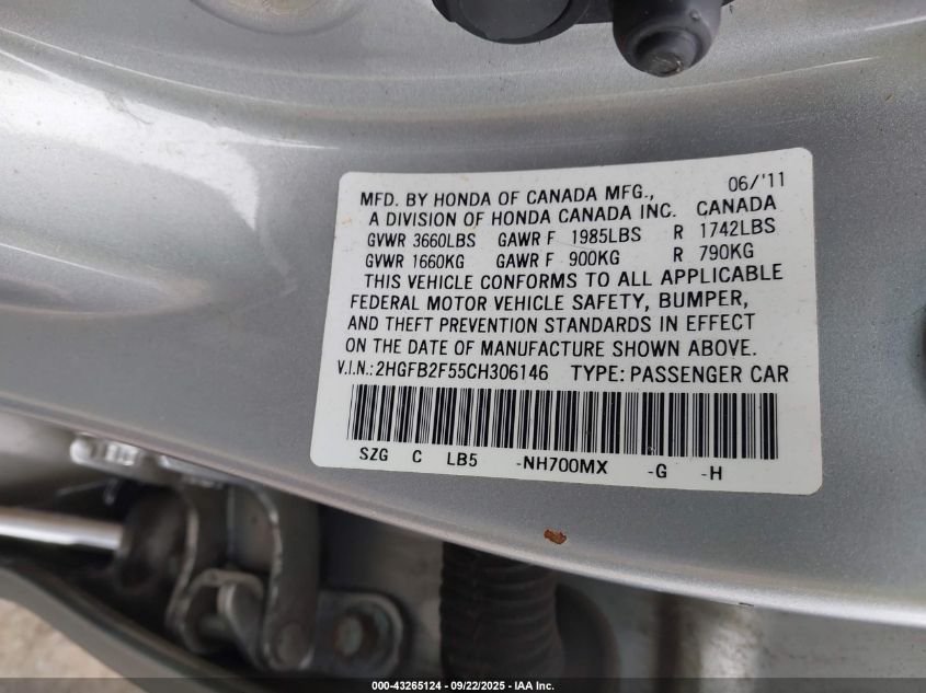 2012 Honda Civic Lx VIN: 2HGFB2F55CH306146 Lot: 43265124