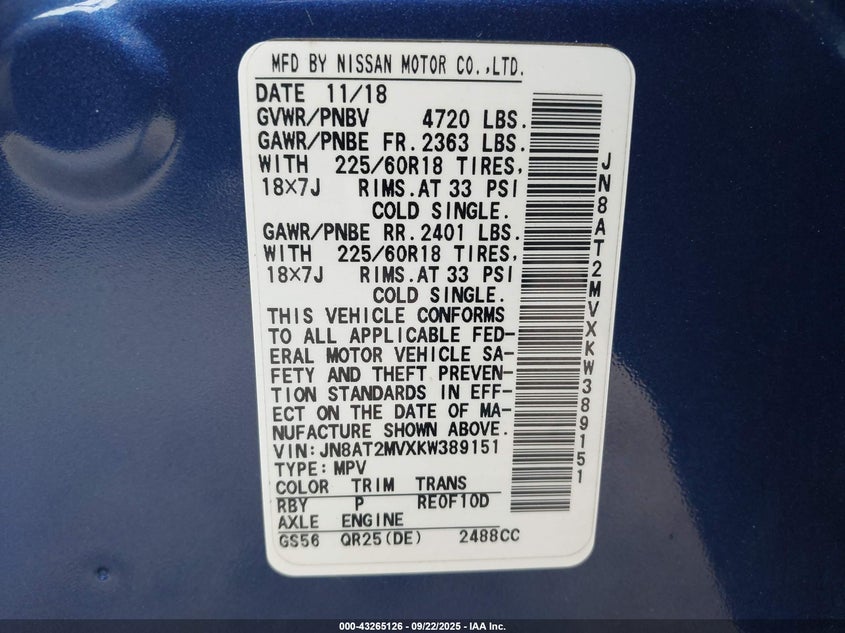 2019 NISSAN ROGUE SV JN8AT2MVXKW389151