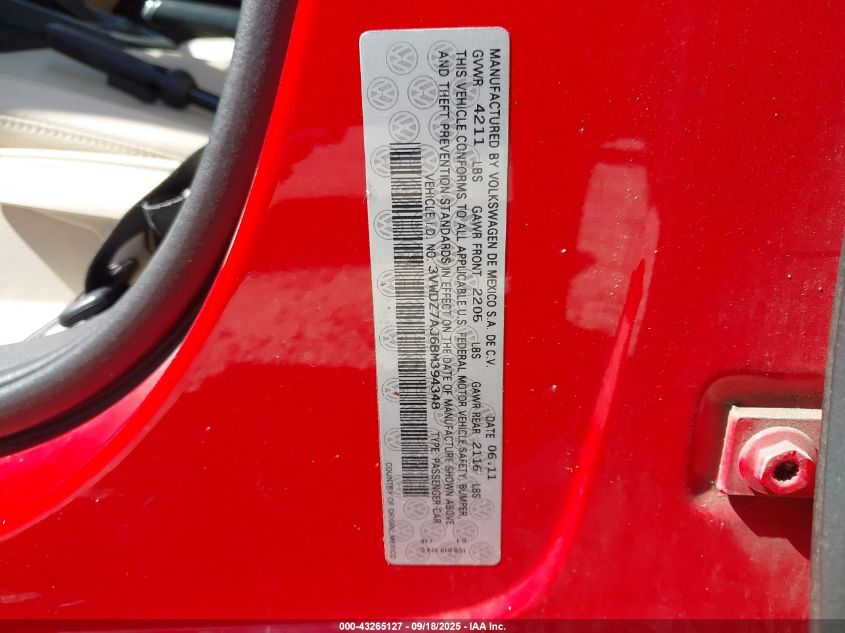 2011 Volkswagen Jetta 2.5L Se VIN: 3VWDZ7AJ6BM394348 Lot: 43265127