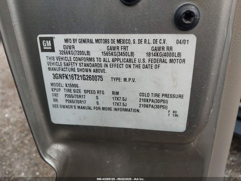 2001 Chevrolet Suburban 1500 Ls VIN: 3GNFK16T21G260075 Lot: 43265129