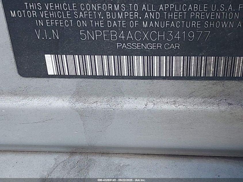 2012 Hyundai Sonata Gls VIN: 5NPEB4ACXCH341977 Lot: 43265149