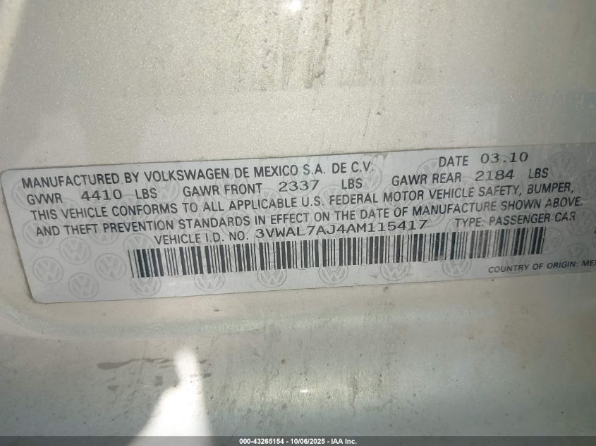 2010 Volkswagen Jetta Tdi VIN: 3VWAL7AJ4AM115417 Lot: 43265154
