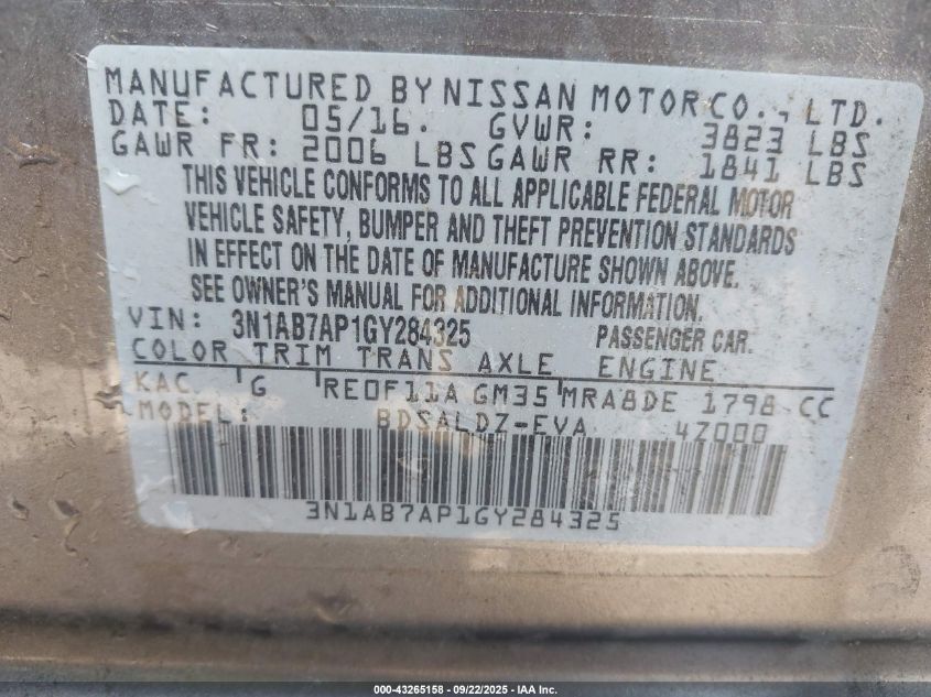 2016 Nissan Sentra Sv VIN: 3N1AB7AP1GY284325 Lot: 43265158