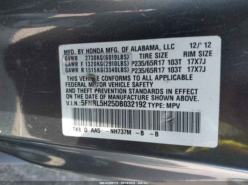 2013 Honda Odyssey Lx VIN: 5FNRL5H25DB032192 Lot: 43265170