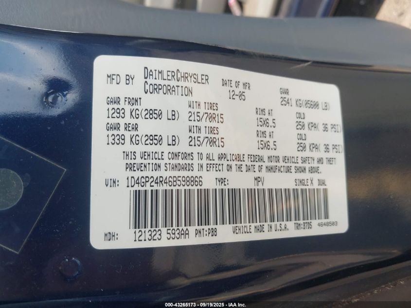 2006 Dodge Grand Caravan Se VIN: 1D4GP24R46B598866 Lot: 43265173