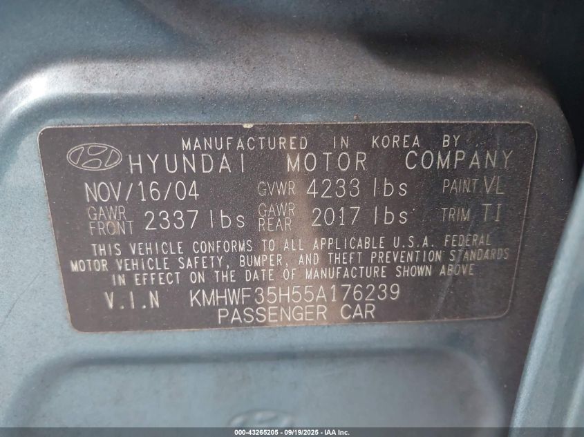 2005 Hyundai Sonata Gls/Lx VIN: KMHWF35H55A176239 Lot: 43265205