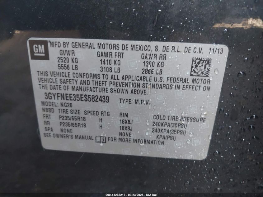 2014 Cadillac Srx Luxury Collection VIN: 3GYFNEE35ES582439 Lot: 43265213