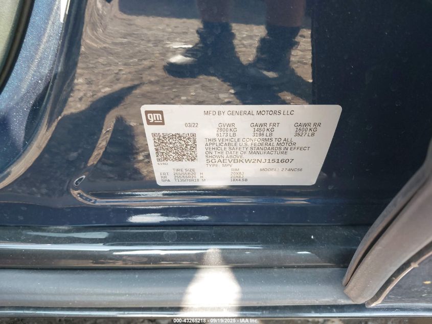 2022 Buick Enclave Premium VIN: 5GAEVBKW2NJ151607 Lot: 43265218