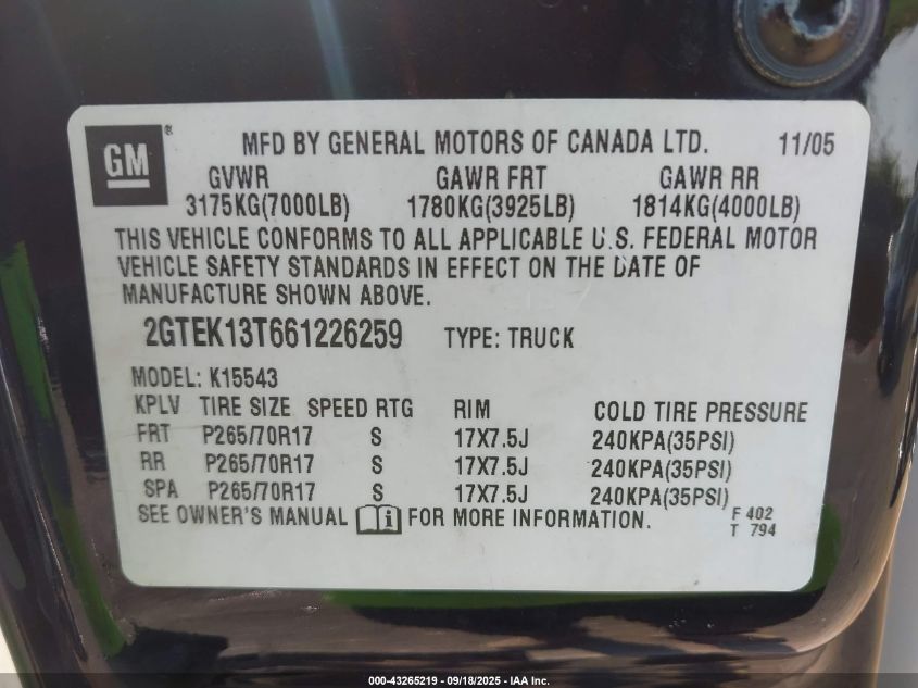 2006 GMC Sierra 1500 Slt VIN: 2GTEK13T661226259 Lot: 43265219