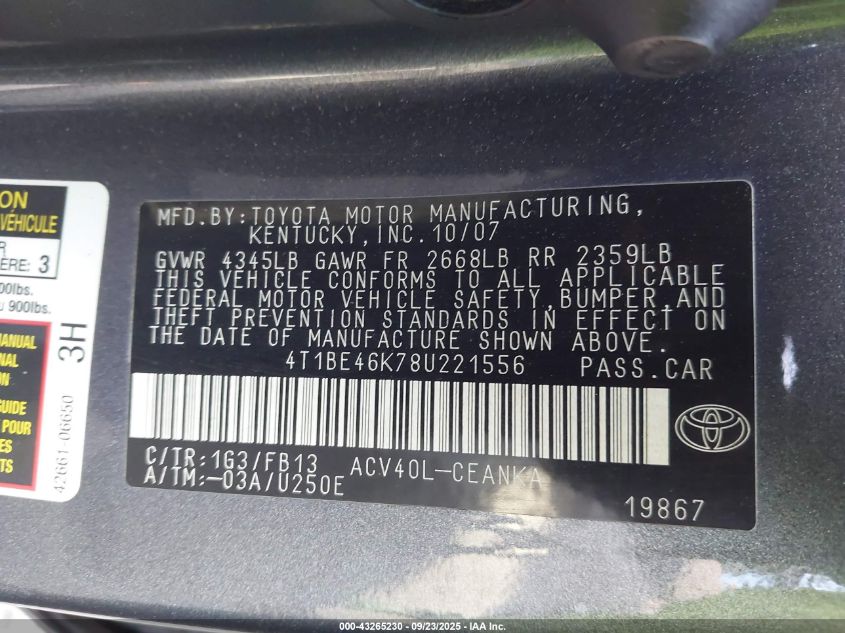 2008 Toyota Camry Le VIN: 4T1BE46K78U221556 Lot: 43265230