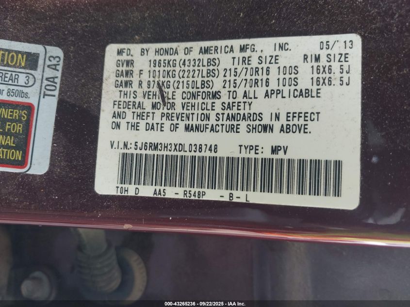 2013 Honda Cr-V Lx VIN: 5J6RM3H3XDL038748 Lot: 43265236