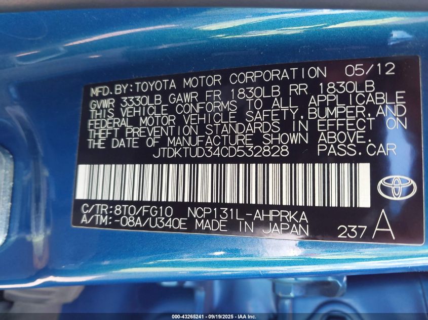 2012 Toyota Yaris Le VIN: JTDKTUD34CD532828 Lot: 43265241