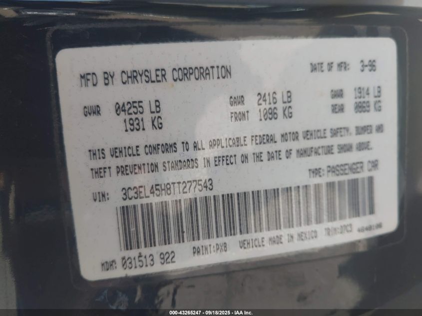 1996 Chrysler Sebring Jx VIN: 3C3EL45H8TT277543 Lot: 43265247