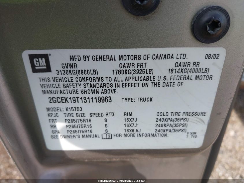 2003 Chevrolet Silverado 1500 Ls VIN: 2GCEK19T131119963 Lot: 43265248
