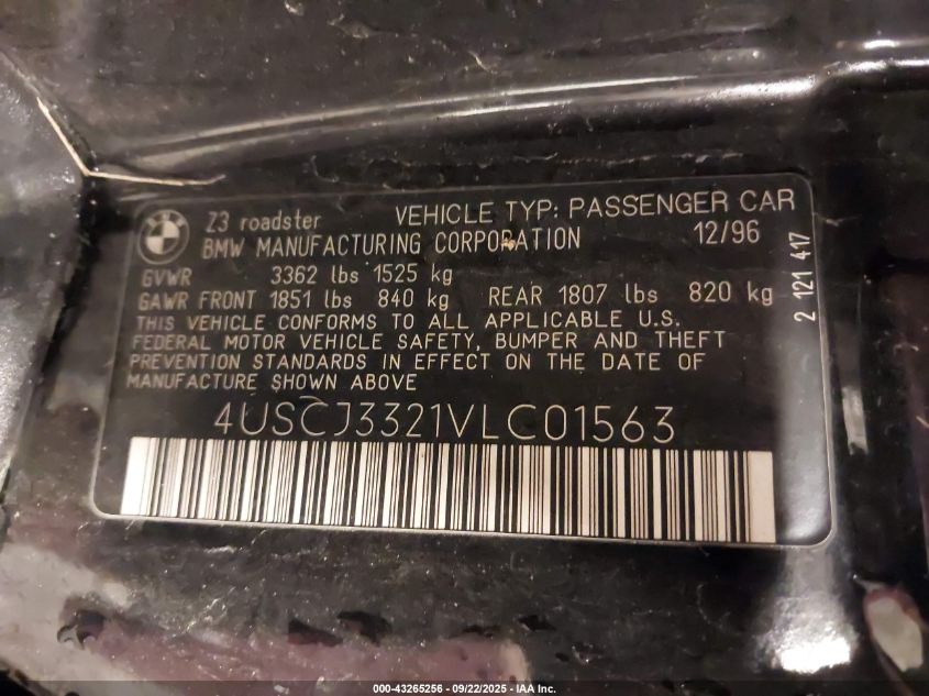 1997 BMW Z3 2.8 VIN: 4USCJ3321VLC01563 Lot: 43265256