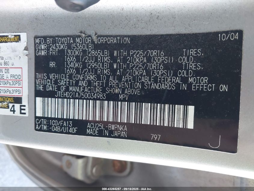 2005 Toyota Highlander VIN: JTEHD21A750034983 Lot: 43265257