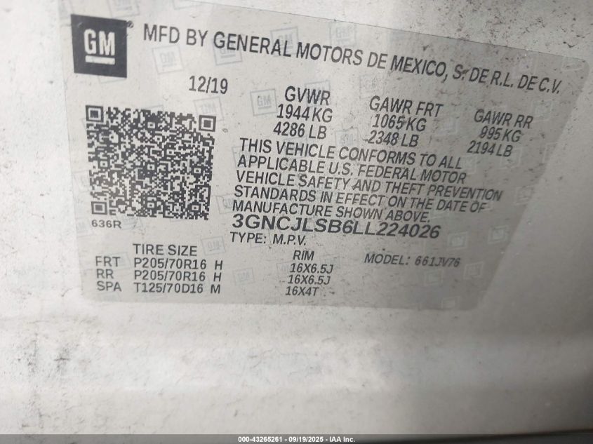 2020 Chevrolet Trax Fwd Lt VIN: 3GNCJLSB6LL224026 Lot: 43265261