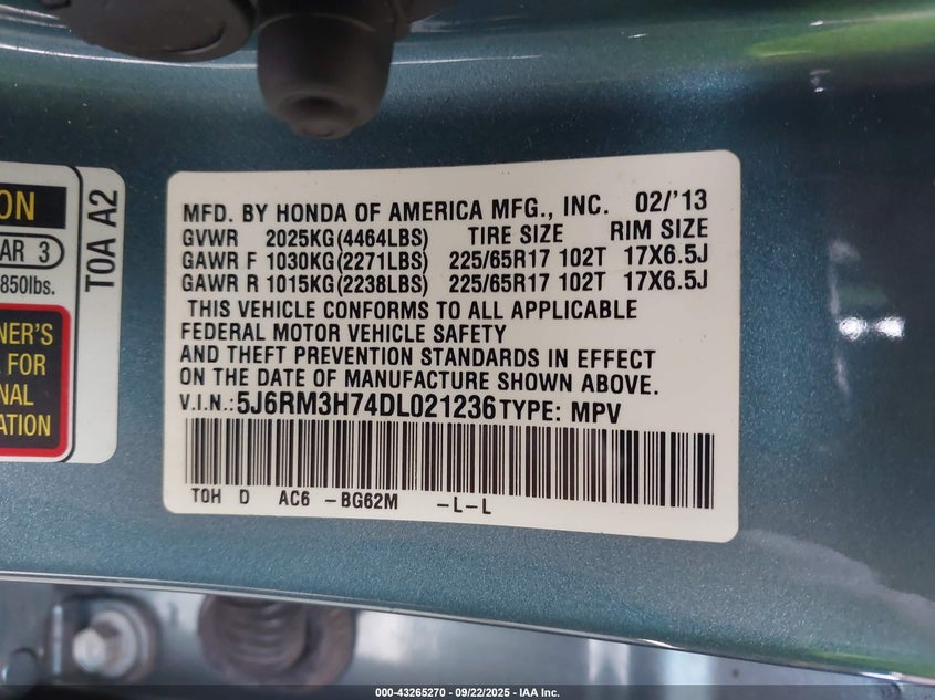 2013 HONDA CR-V EX-L - 5J6RM3H74DL021236