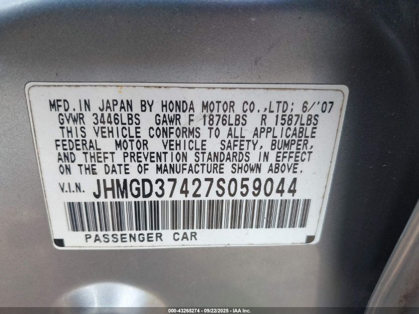 2007 Honda Fit VIN: JHMGD37427S059044 Lot: 43265274