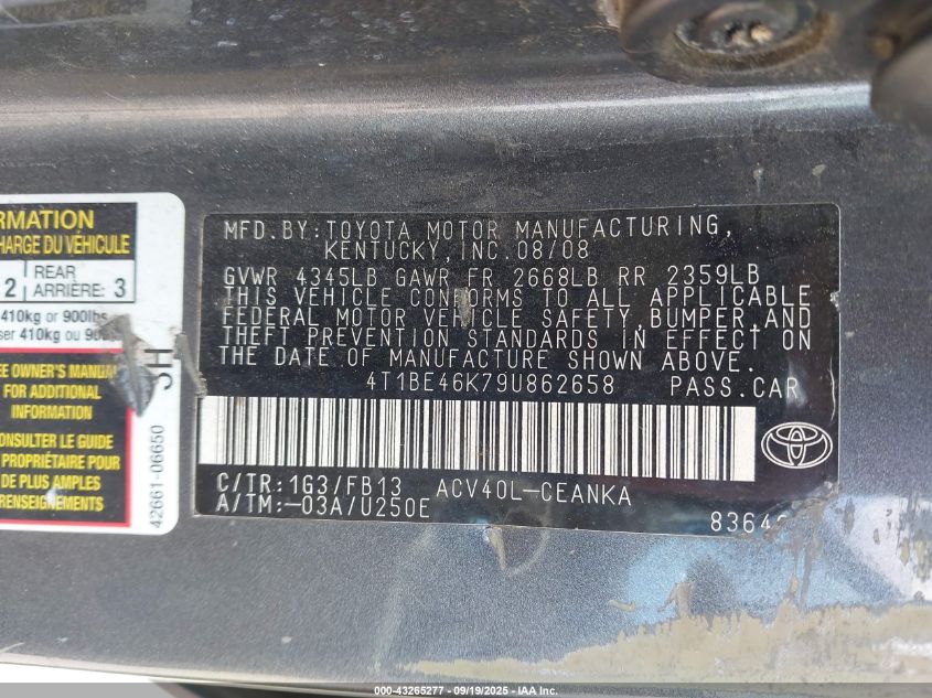 2009 Toyota Camry Le VIN: 4T1BE46K79U862658 Lot: 43265277