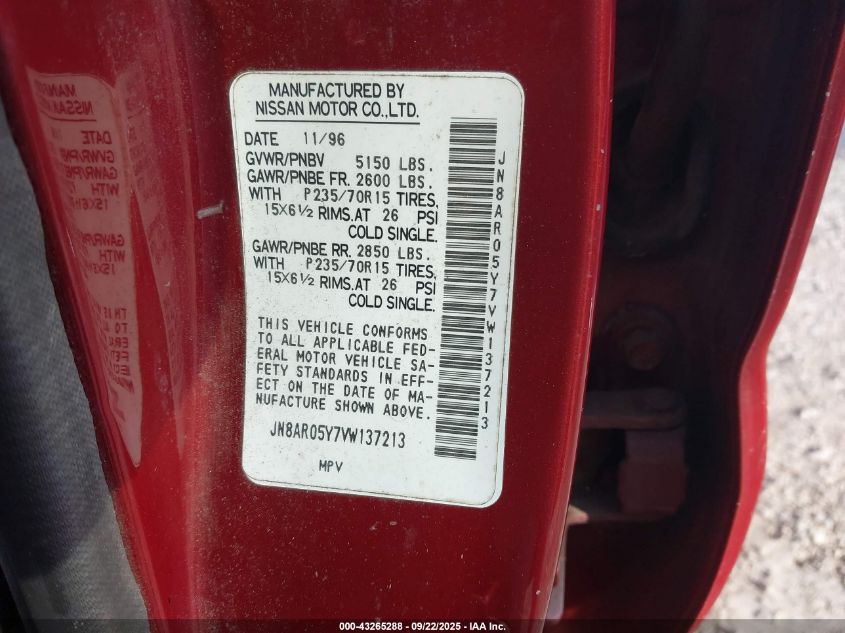 1997 Nissan Pathfinder Le/Se/Xe VIN: JN8AR05Y7VW137213 Lot: 43265288