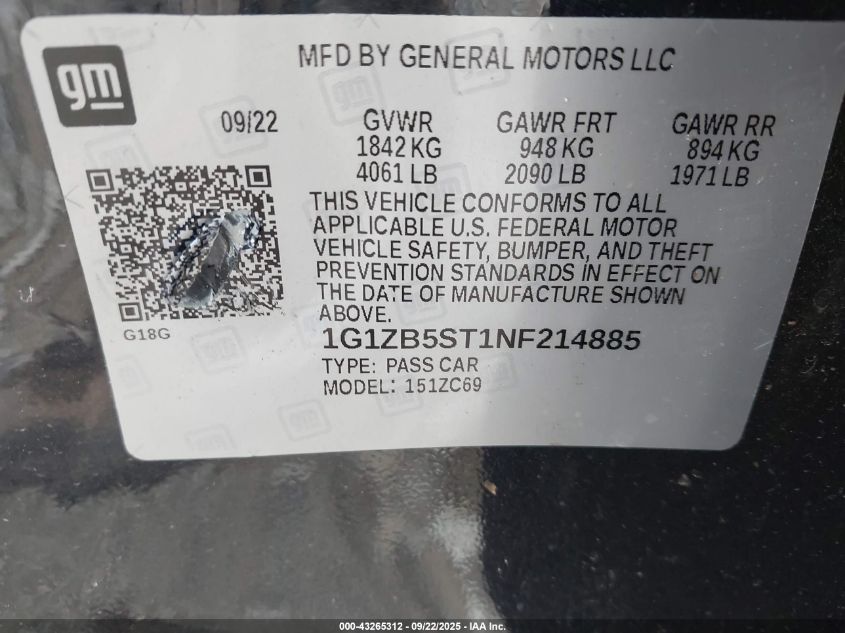 2022 Chevrolet Malibu Fwd Ls VIN: 1G1ZB5ST1NF214885 Lot: 43265312