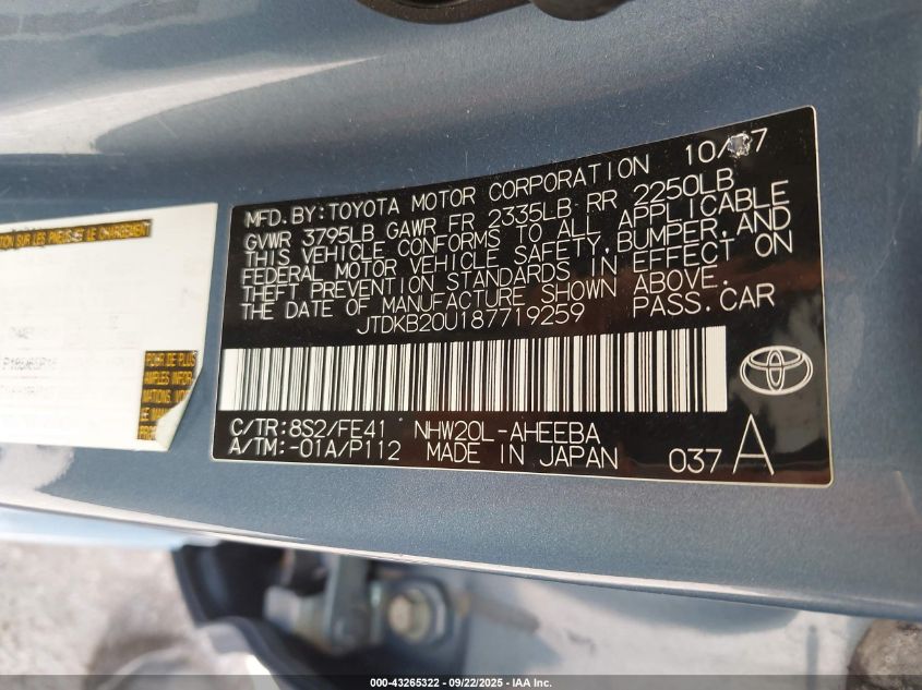 2008 Toyota Prius VIN: JTDKB20U187719259 Lot: 43265322
