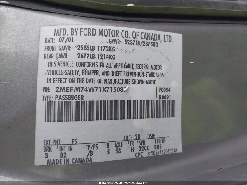 2001 Mercury Grand Marquis Gs VIN: 2MEFM74W71X715087 Lot: 43265325