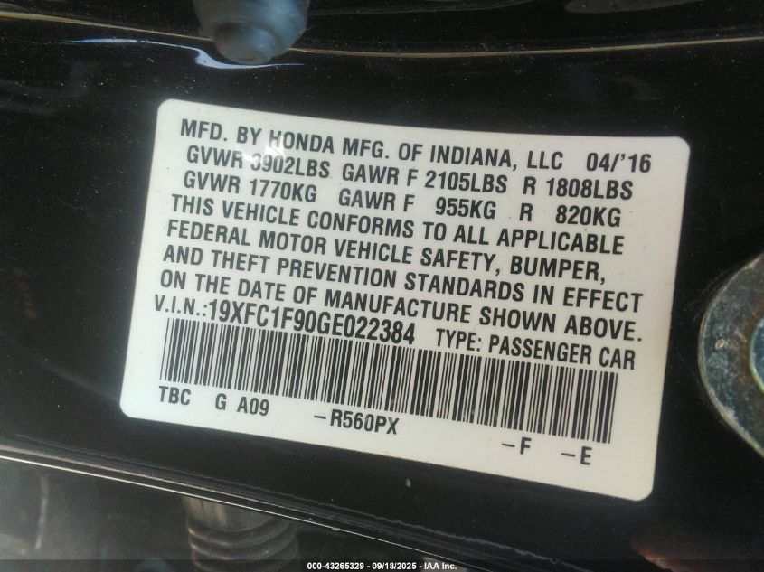2016 Honda Civic Touring VIN: 19XFC1F90GE022384 Lot: 43265329