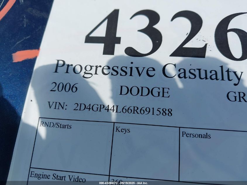 2006 Dodge Grand Caravan Sxt VIN: 2D4GP44L66R691588 Lot: 43265372