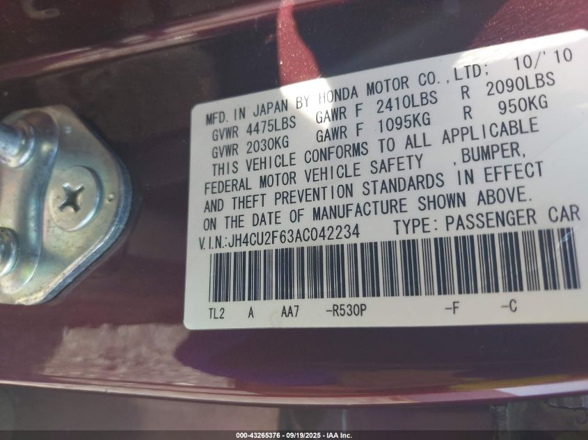 2010 Acura Tsx 2.4 VIN: JH4CU2F63AC042234 Lot: 43265376